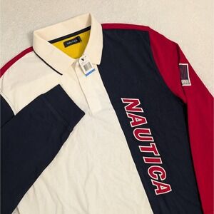 NEW NAUTICA POLO SHIRT MENS XL L/S RED WHITE BLUE WATER CHALLENGE COLOR BLOCKED